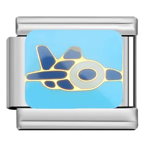 Close-up of Italian charm link featuring a blue enamel airplane on stainless steel