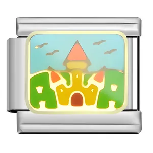 Close-up of stainless steel castle landscape Italian charm link for DIY modular bracelet