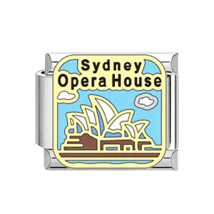 High-quality macro detail of Sydney Opera House stainless steel Italian modular charm link