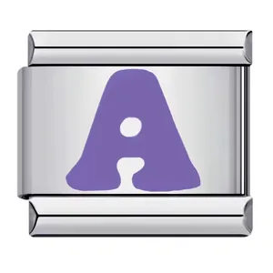 Detailed view of a stainless steel Italian charm with a purple enamel letter A initial
