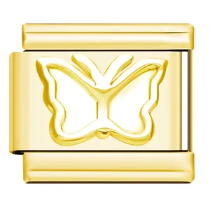 Detailed view of a gold stainless steel butterfly charm for DIY modular bracelets