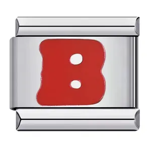 Macro detail of a stainless steel Italian charm bracelet link with a red enamel letter B