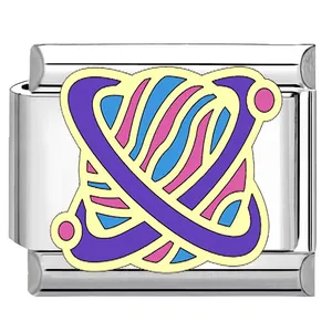 Close-up of a titanium steel Italian charm link with a colorful enamel planet galaxy design