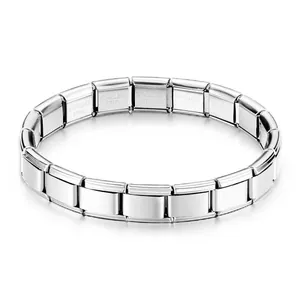 Detailed view of a silver stainless steel Italian charm bracelet with elastic links