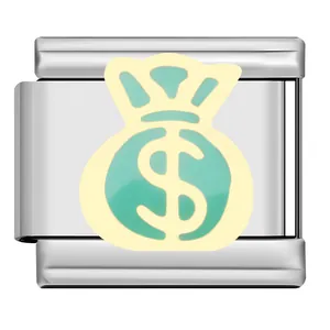 Detail of stainless steel Italian modular charm featuring a mint green money bag design