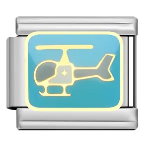 Detailed view of Italian modular charm link featuring a golden helicopter on blue enamel.
