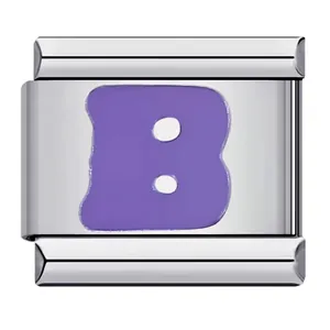 Macro detail of a stainless steel Italian charm link with a purple enamel letter B