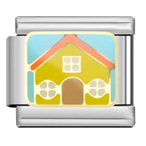 Detailed view of enamel house landscape on Italian modular stainless steel charm link