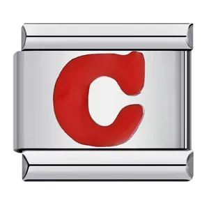 High quality detail of a modular Italian charm link with a red enamel letter C