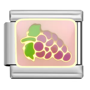 Detailed view of stainless steel Italian charm with purple grape bunch enamel design.
