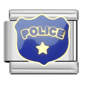 Macro detail of a stainless steel Italian charm with blue police badge design