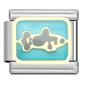 Close-up of Italian modular charm link with light blue enamel and aircraft design