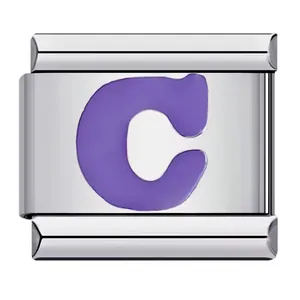Detail view of a stainless steel Italian charm link featuring a purple letter C design