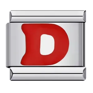 Italian charm bracelet module featuring a red enamel letter D in stainless steel.