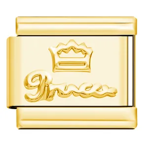 Gold stainless steel modular charm link for DIY bracelet with crown and Prince text