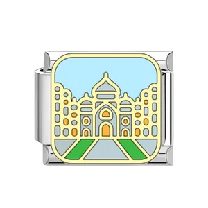 Detailed view of Taj Mahal enamel landmark on a stainless steel Italian modular charm link