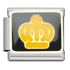 Detailed macro view of a golden crown icon on a black Italian modular charm link