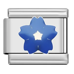 Detailed macro view of a blue enamel sakura flower charm for modular bracelets