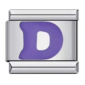 Detail macro view of a stainless steel Italian charm module with a purple letter D design