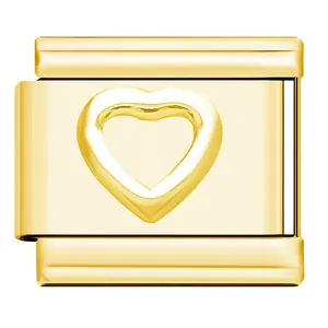 Macro view of a gold-plated stainless steel modular charm featuring a raised heart motif.