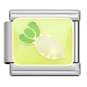 Macro view of stainless steel Italian charm with cute enamel radish design