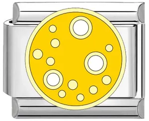Macro detail view of yellow planet charm link for modular stainless steel bracelet
