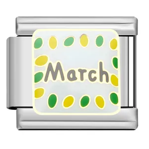 Stainless steel Italian modular charm with March text and green yellow dotted pattern