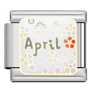 Close-up of April floral enamel charm link for DIY stainless steel modular bracelet