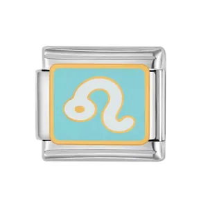 Stainless steel Italian charm link featuring a light blue enamel Leo zodiac sign design