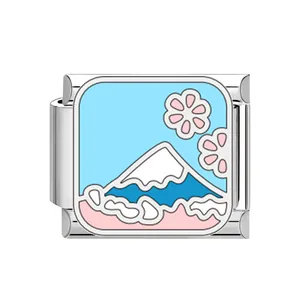 Stainless steel Italian charm link with Mt. Fuji and cherry blossom enamel design