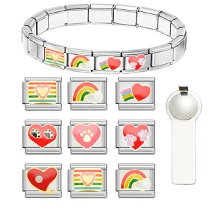 Stainless Steel Italian Modular Charm Heart Rainbow Cat Paw DIY Detachable Link Bracelet Watch Band Jewelry Accessories