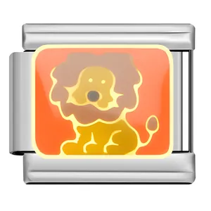 Detailed view of cute cartoon lion enamel charm on a stainless steel modular link