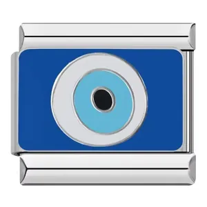 Stainless steel Italian charm link with blue Evil Eye enamel design for bracelet