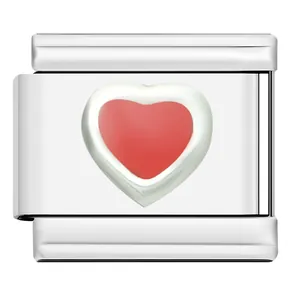 Detailed view of stainless steel Italian charm bracelet link with red heart center