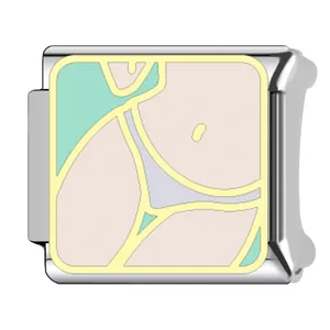 Close-up of a stainless steel Italian charm link with a colorful bikini design inset