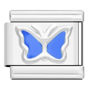 Detail of silver Italian charm link with a blue enamel butterfly design