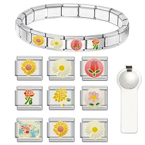 Stainless Steel Italian Charm Bracelet DIY Modular Floral Link Sunflower Rose Daisy Enamel Splicing Jewelry Accessories For Women