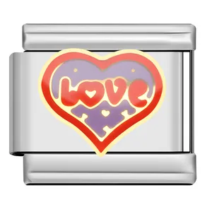 Macro view of stainless steel Italian charm link with colorful love heart design
