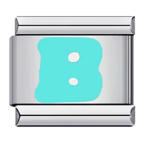 Close-up of a stainless steel Italian charm featuring a light green letter B design.