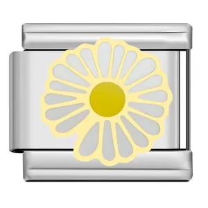 Close-up of a stainless steel daisy charm link for Italian modular bracelets.