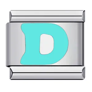 Close-up of a stainless steel Italian charm module featuring a cyan letter D design