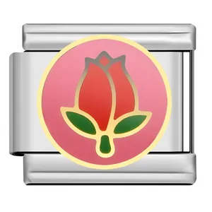 Close-up detail of a silver modular charm link featuring a red tulip enamel flower