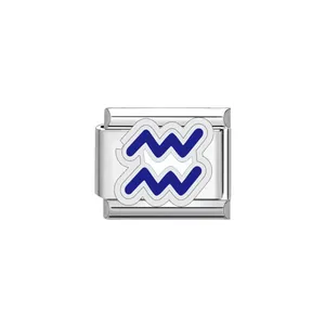 Close-up of blue Aquarius zodiac symbol on a polished stainless steel Italian charm