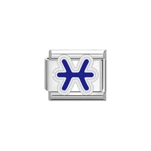 Silver stainless steel Italian charm link featuring blue Pisces zodiac sign for DIY bracelets