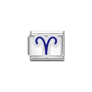 Close-up detail of modular stainless steel bracelet link with blue Aries zodiac symbol