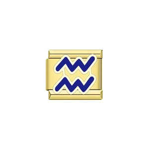 Detailed macro view of a gold-plated Aquarius zodiac charm for Italian modular bracelets.