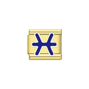 Macro detail of a gold-plated Pisces zodiac charm for Italian modular bracelets
