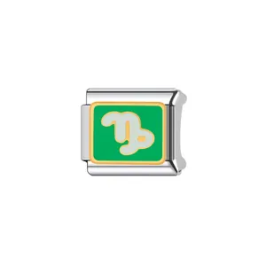 Dettaglio di una maglia per bracciale italiano in acciaio con simbolo del Capricorno.