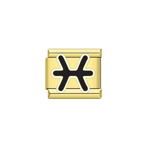 Gold-plated stainless steel Italian charm link featuring black Pisces zodiac symbol