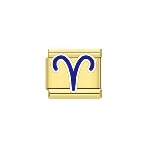 Gold stainless steel Italian modular bracelet charm with blue Aries zodiac sign symbol